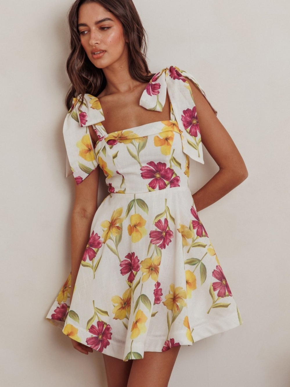 Mika & Gala White, purple, and yellow Floral Tie Shoulder Mini
